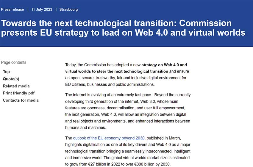 欧盟委员会发布《Web 4.0和虚拟世界的倡议：在下一次技术转型中领先》