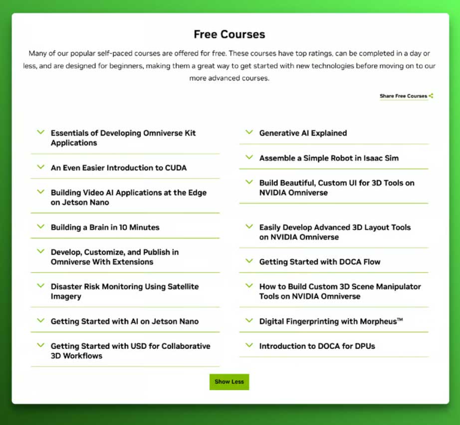 NVIDIA 刚推出5门免费人工智能课程，现共有16门免费课程