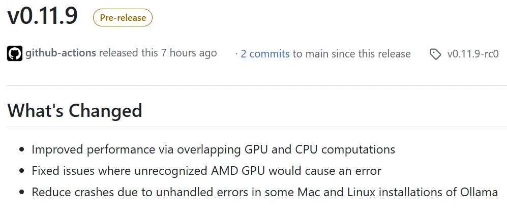 ollama 0.11.9 引入了出色的 CPU/GPU 性能优化