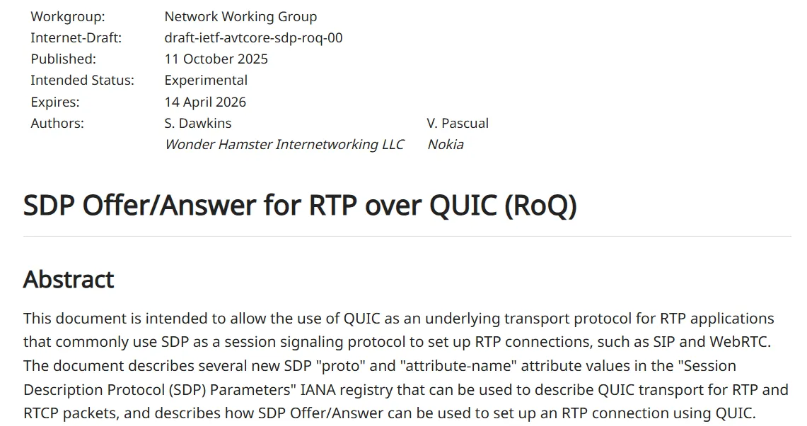 SDP Offer/Answer for RTP over QUIC (RoQ) 调整发布
