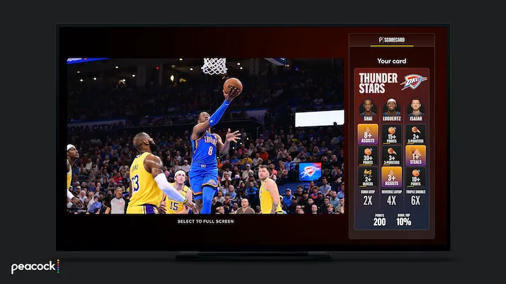 NBC/Peacock 上的 NBA：直播提供数据叠加、预测游戏、辅助机位视角及实时精彩集锦