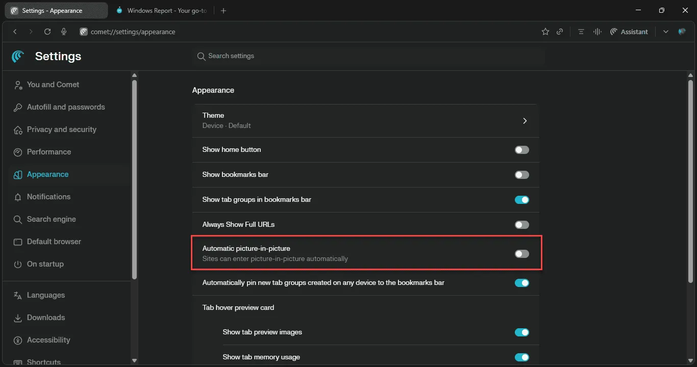 Perplexity Comet 浏览器新增自动画中画模式