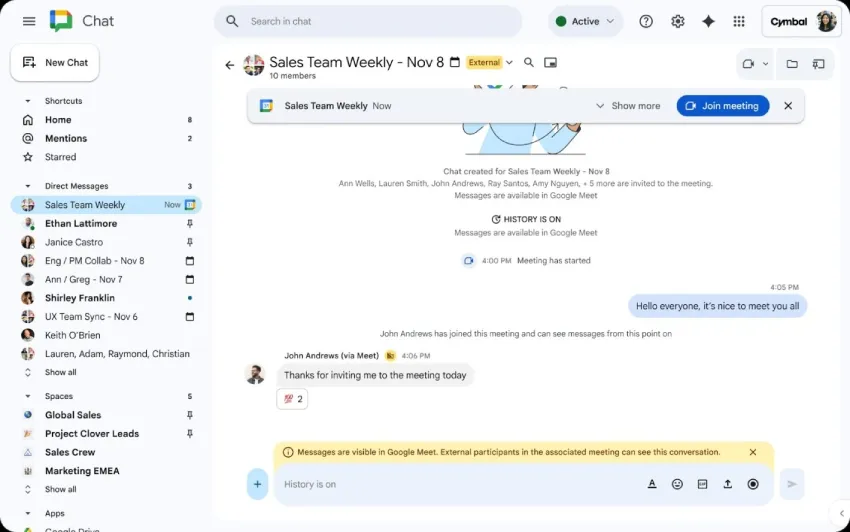Google Meet 和 Chat 功能整合，助你及时补看错过的会议