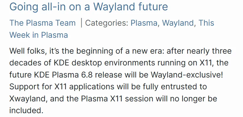 KDE Plasma 6.8 将取消对 X11 会话的支持，转而仅支持 Wayland