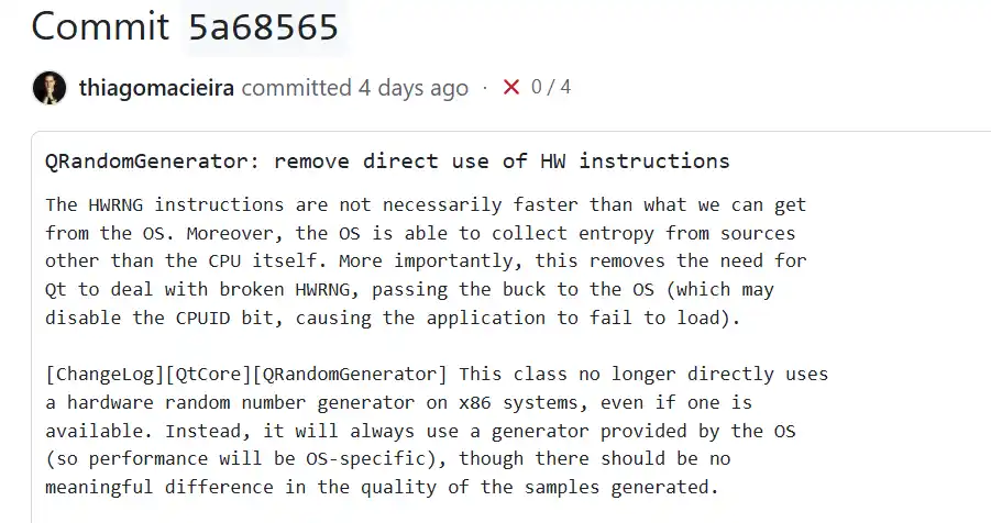 Qt 不再直接使用 RDRAND/RDSEED，以提高性能并减少错误