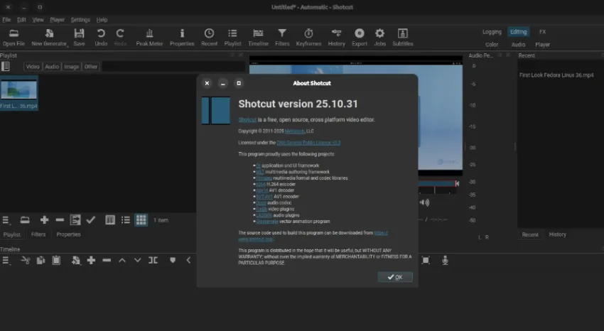 Shotcut 25.10 视频编辑器发布，新增屏幕录制和打字机文本特效