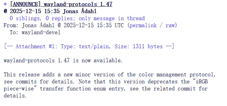 Wayland 协议 1.47 发布，更新了颜色管理协议