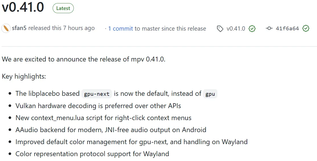 MPV 0.41 版本发布，改进了 Wayland 功能，推荐使用 Vulkan 硬件解码