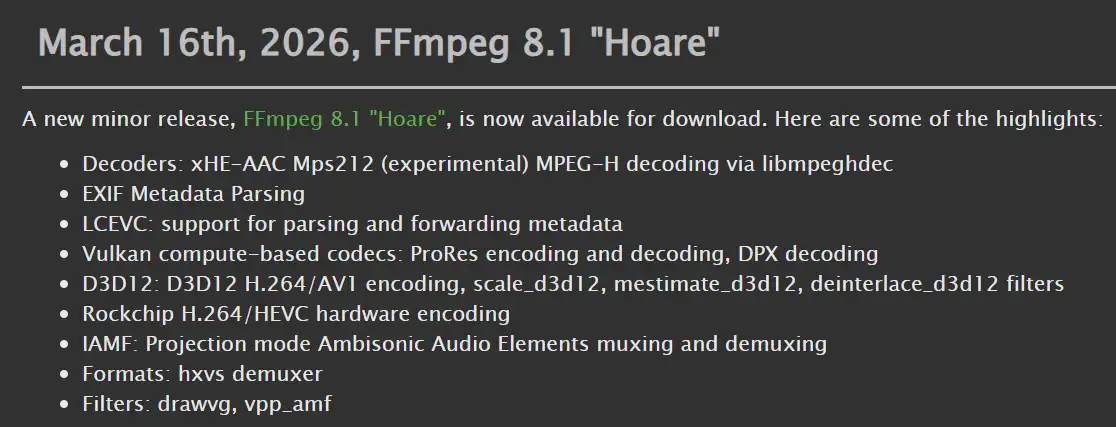 FFmpeg 8.1 发布，新增实验性 xHE-AAC MPS212 音频加速功能，以及更多 Vulkan 加速选项