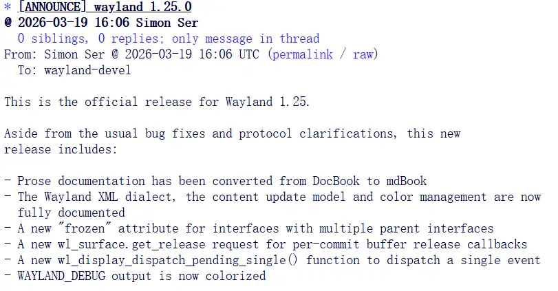 Wayland 1.25 发布，色彩管理功能现已完全文档化