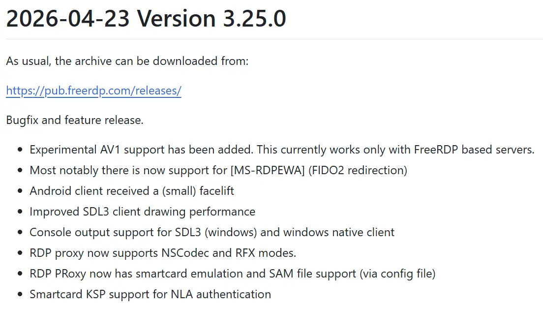 FreeRDP 3.25 新增实验性 AV1 支持