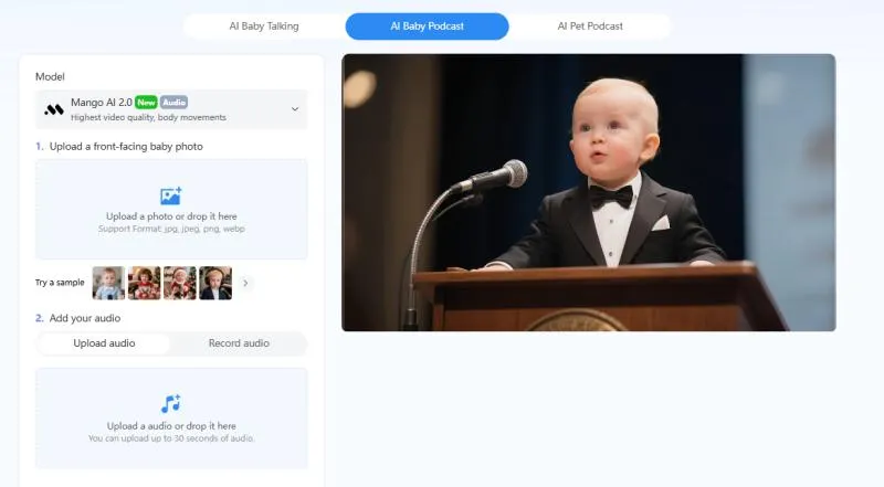 Mango AI推出AI宝宝播客生成器，可将宝宝照片转换成对口型说话的视频
