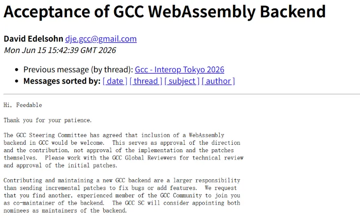 GCC指导委员会支持纳入WebAssembly后端