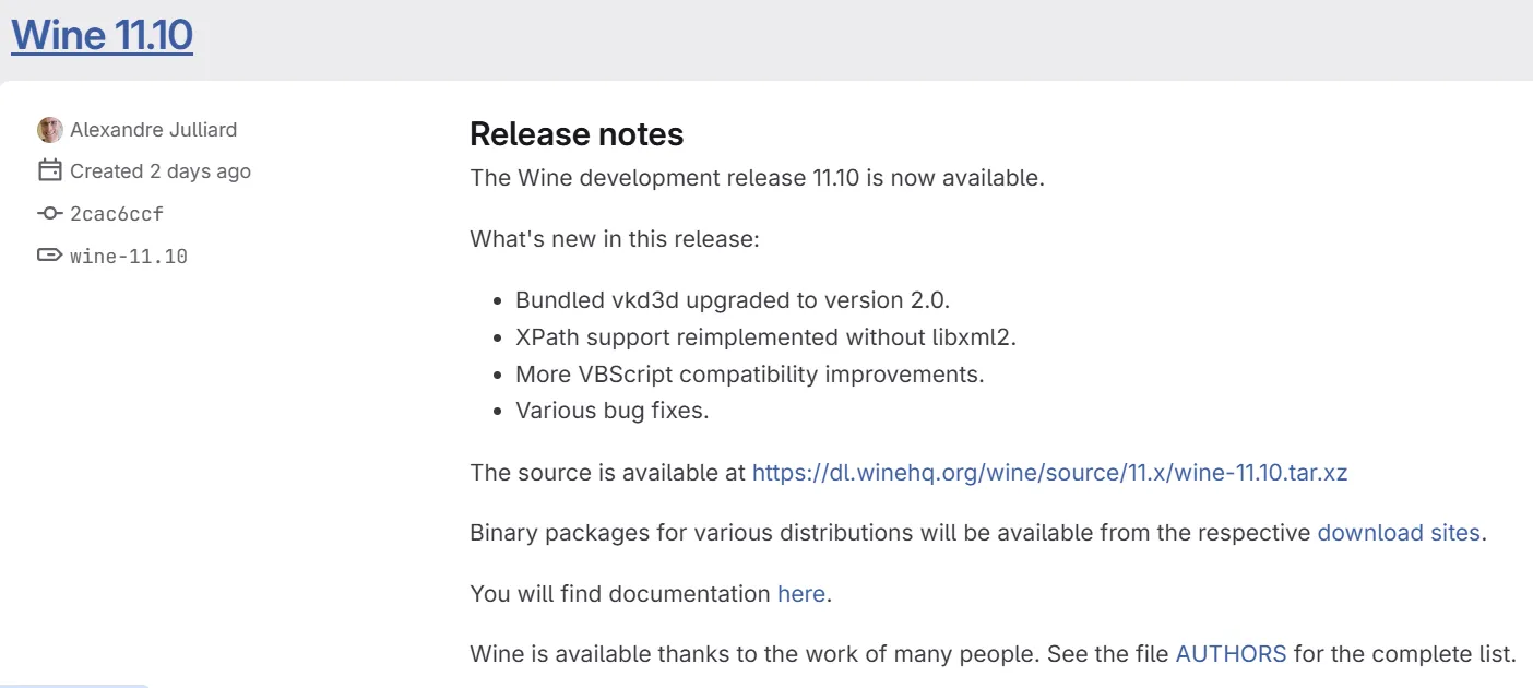 Wine 11.10 发布，包含 VKD3D 2.0，并改进了 VBScript 兼容性