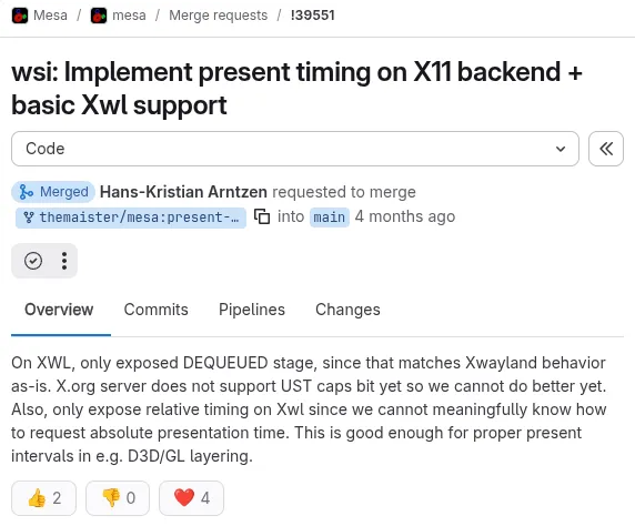 Mesa 26.2 合并了对 X11/XWayland 的 Vulkan Present Timing 支持