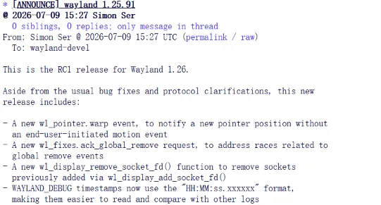 Wayland 1.26 RC1 发布，新增事件以确保指针坐标正确