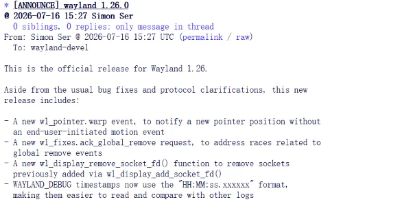 Wayland 1.26 发布，新增指针传送事件