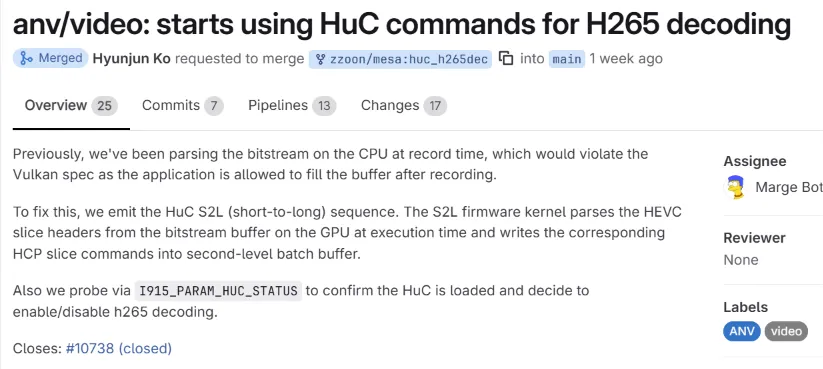 英特尔 ANV 驱动程序改进了 Vulkan 视频 H.265 解码