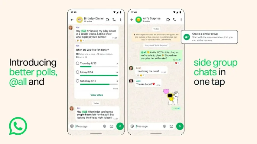 WhatsApp 群聊功能获得三项升级：包括 @all 、投票功能和创建独立群组