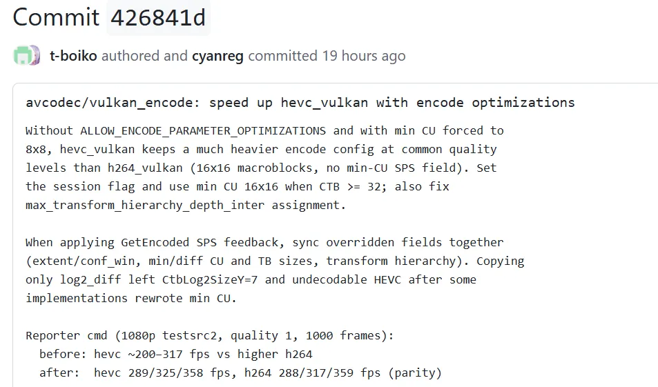 FFmpeg 推出 H.265 Vulkan 编码性能优化