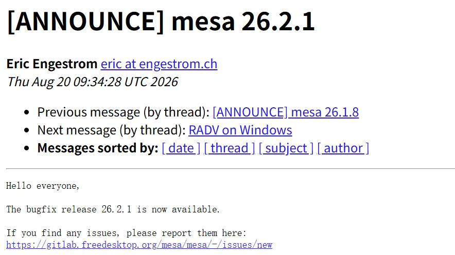 Mesa 26.2.1 发布，修复数十个问题